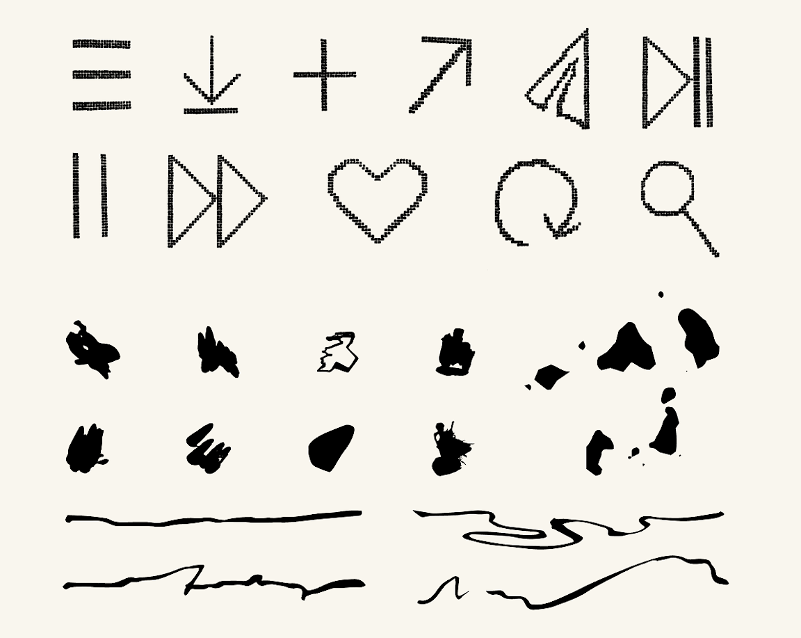 A variety of pixelated and organic shapes.